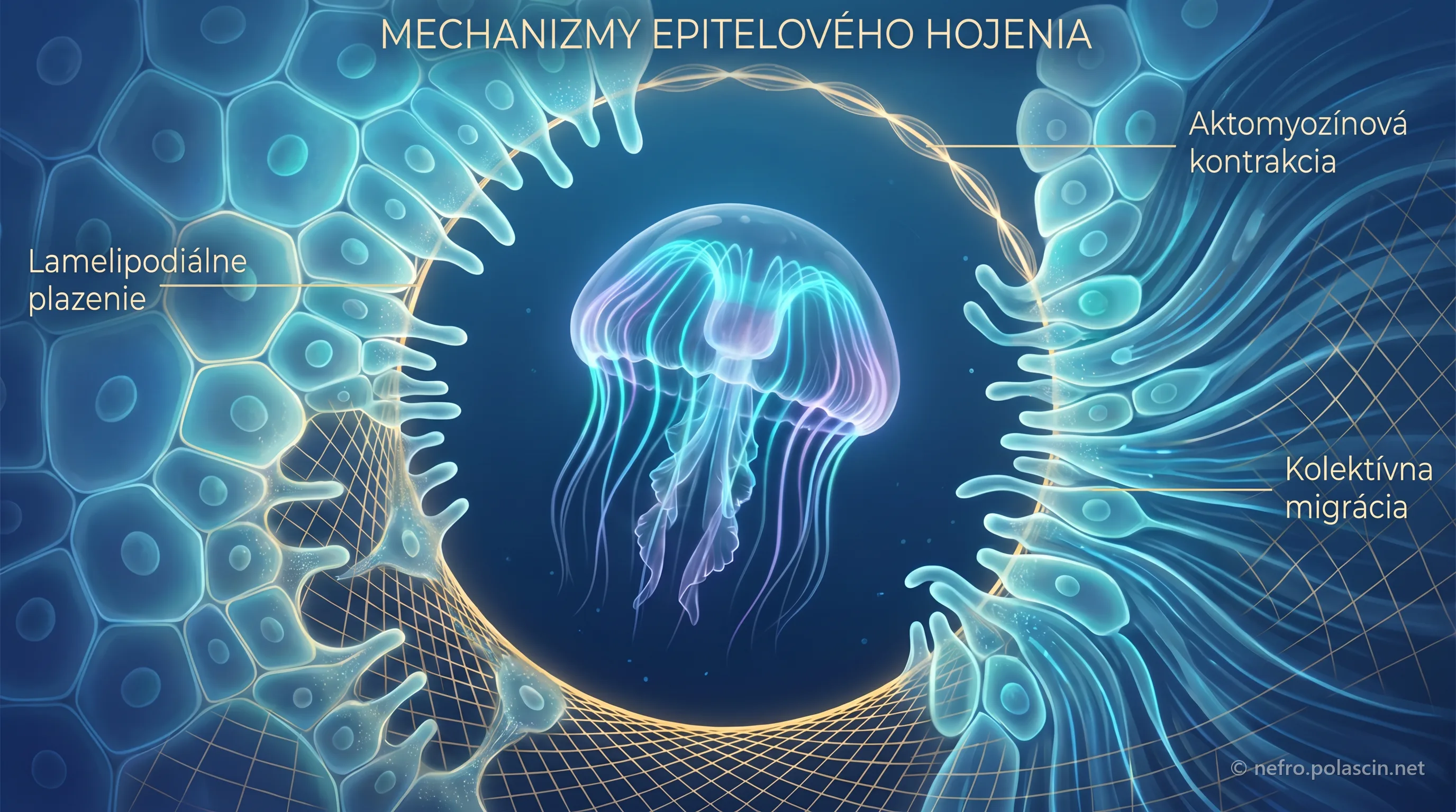 Schéma mechanizmov epitelového hojenia: lamelipodiálne plazenie, aktomyozínová kontrakcia a kolektívna migrácia buniek