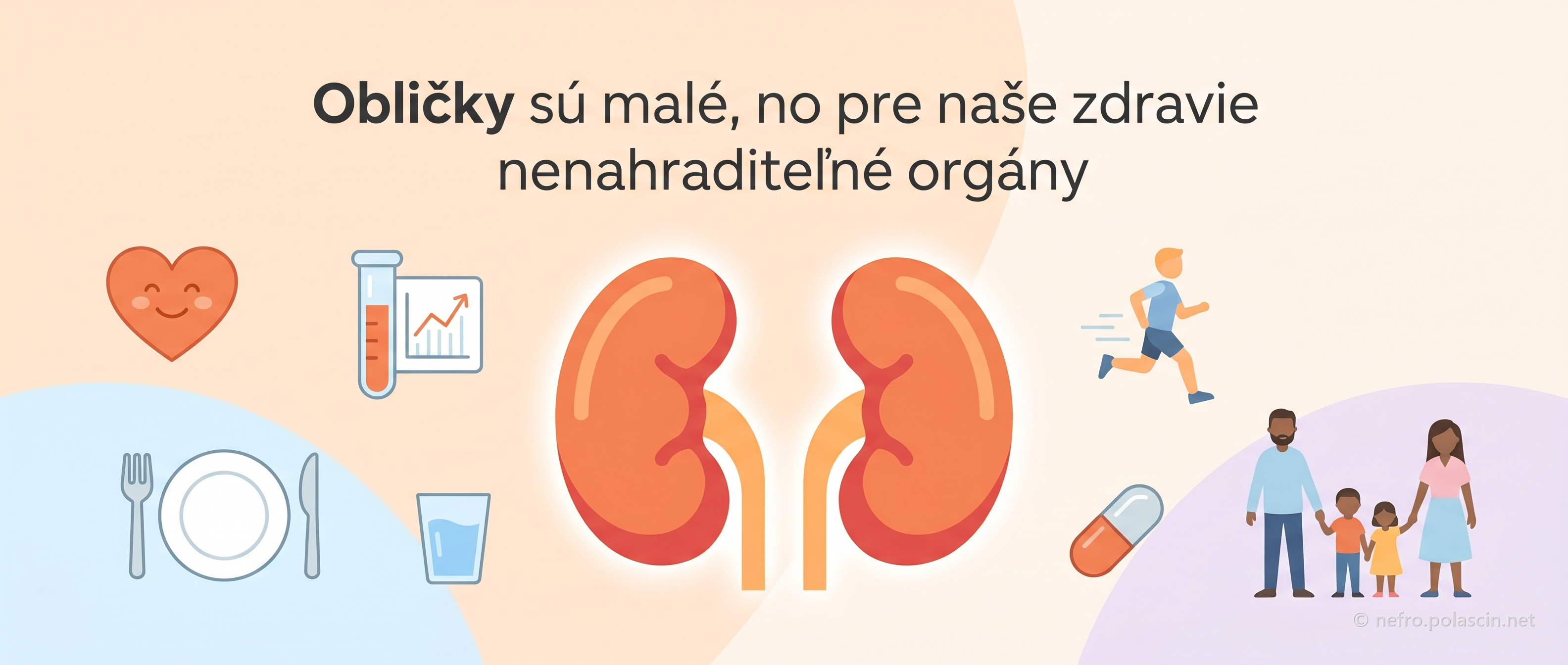 Ilustrácia zdravých obličiek a okolo nich zdravý životný štýl a rodina — srdce, laboratórne vyšetrenia, vyvážená strava, pitný režim, pohyb, lieky a podpora blízkych